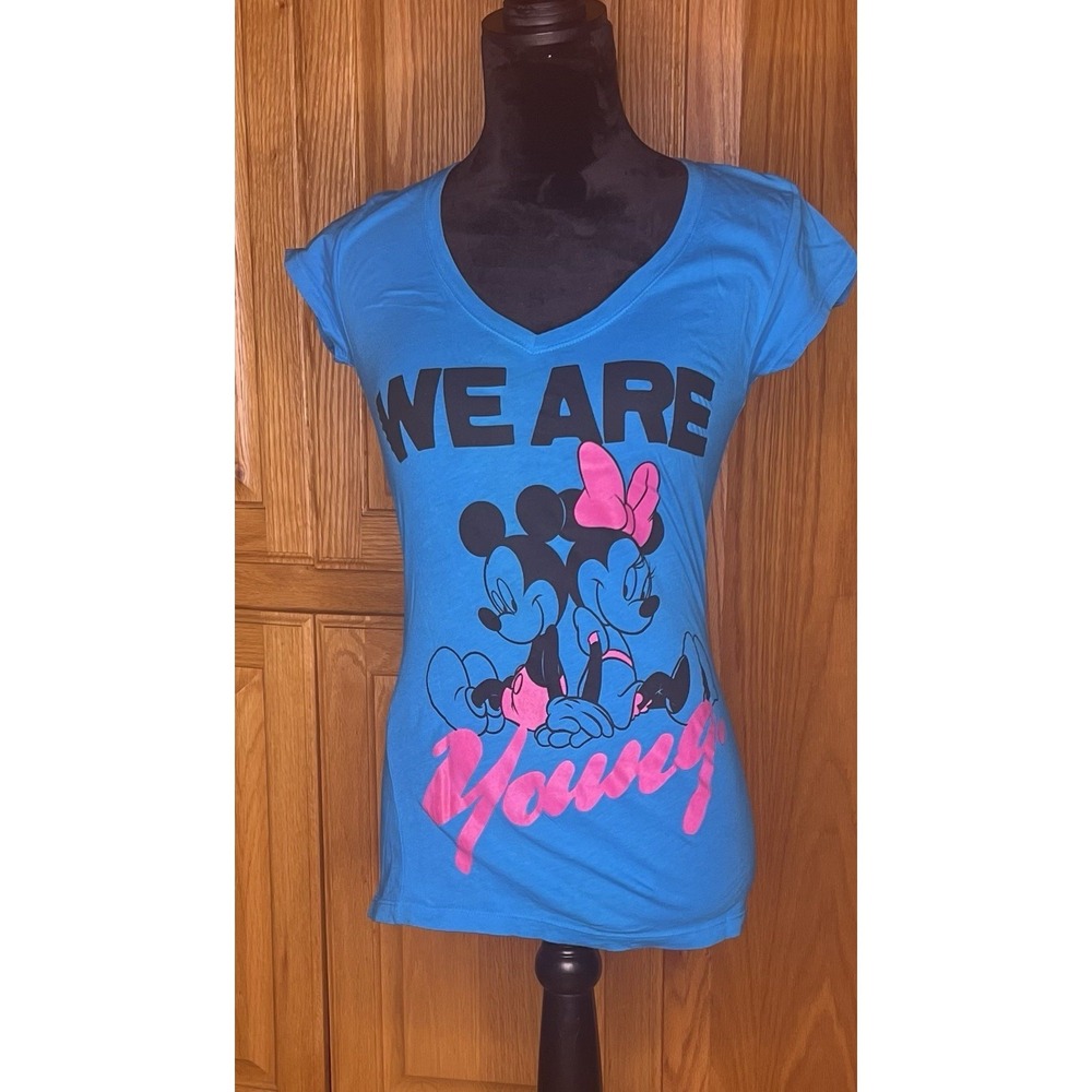 Disney Mickey & Minnie Mouse "We Are Young"‎ Teal Tee Shirt Small Juniors Slim